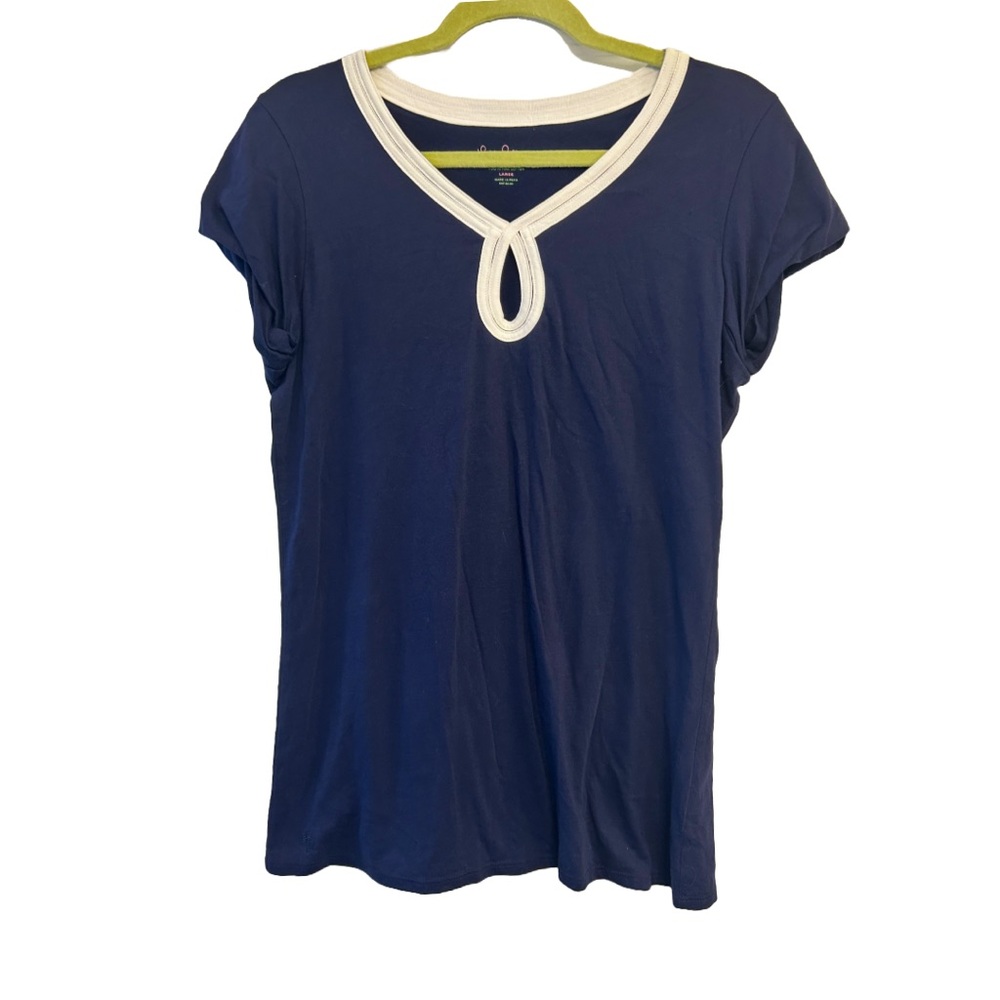 Lilly Pulitzer Short Sleeve White Trim Fitted Top in Navy Blue, Size Large